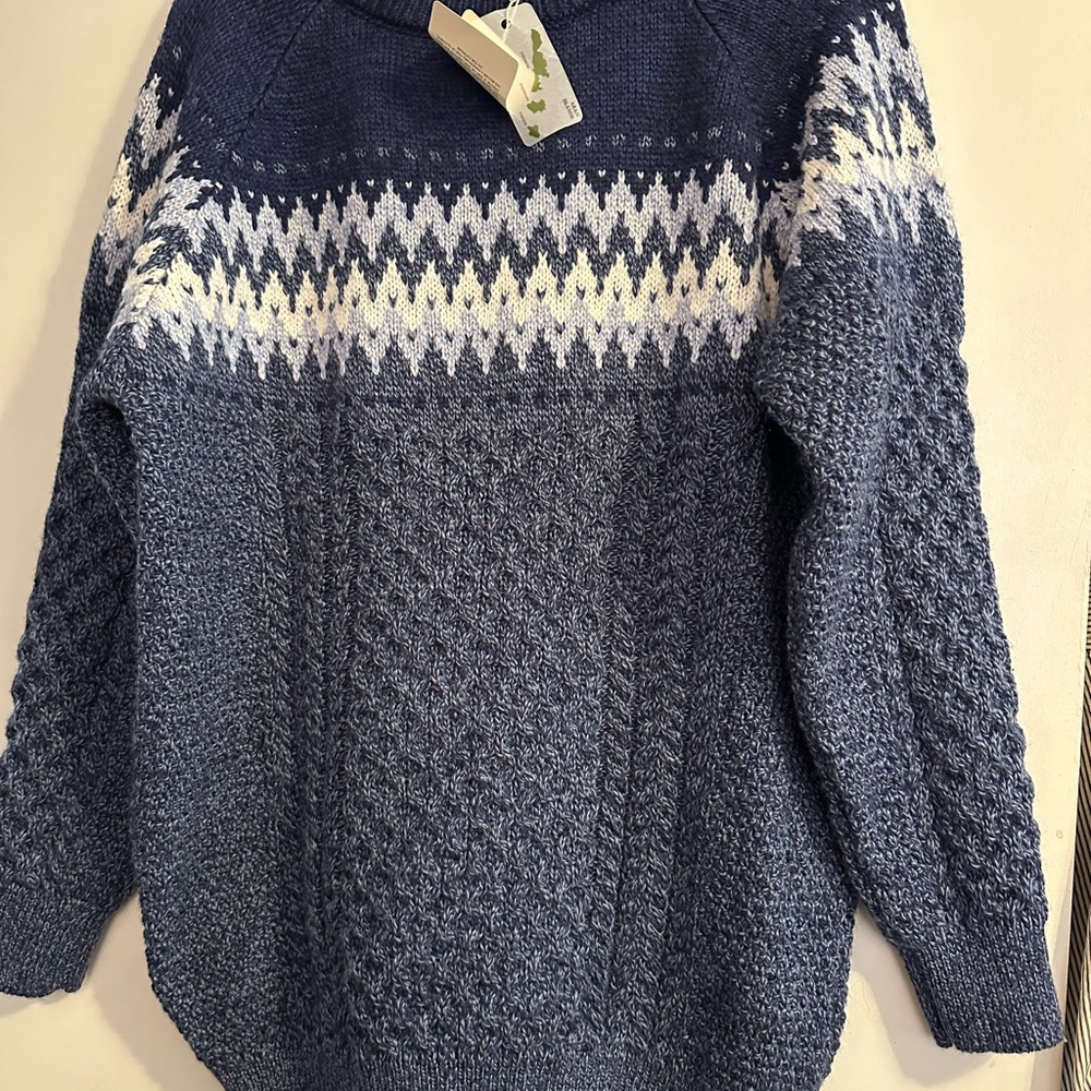 Original Aran Co. Irish Wool Sweater XL blue fair isle cable knit Madein Ireland